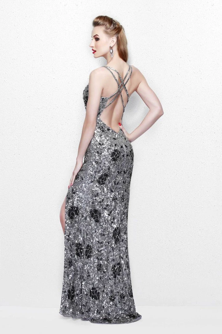 Primavera Couture - Shimmering Floral Printed V Neck Strappy Long Gown 1820 Formal Gowns 6 Primavera Couture - Shimmering Floral Printed V Neck Strappy Long Gown 1820 Formal Gowns