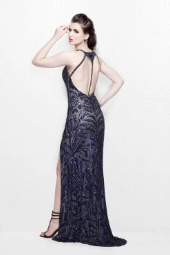 Primavera Couture - Shimmering Sequined V-Neck Sheath Gown With Slit 1817 Formal Gowns