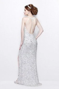 Primavera Couture - Shimmering Sequined V-Neck Sheath Gown With Slit 1817 Formal Gowns