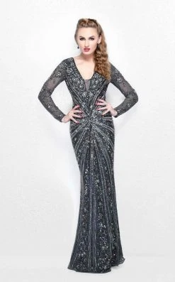Primavera Couture - Spectacular Plunging V-Neck Long Sleeve Sheath Gown 1755