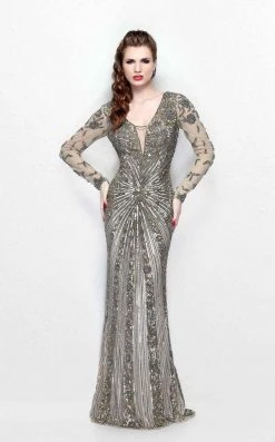 Primavera Couture - Spectacular Plunging V-Neck Long Sleeve Sheath Gown 1755