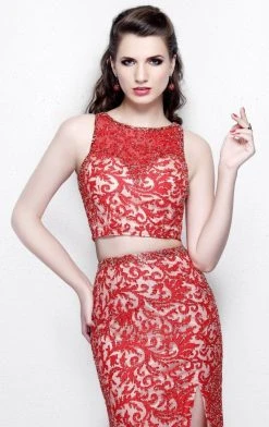 Primavera Couture - Two Piece Sequined Long Dress With Slit 1855