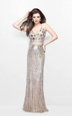Formal Gowns Primavera Couture - Two Piece V-Neck Metallic Long Dress 1892
