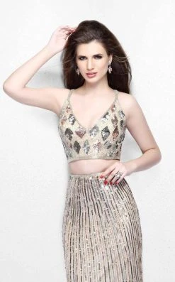 Formal Gowns Primavera Couture - Two Piece V-Neck Metallic Long Dress 1892