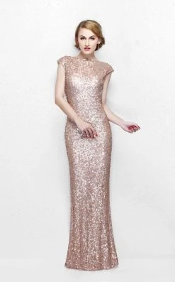 Formal Gowns Primavera Couture - Ultra Sparkling Plunging Back Long Sequin Sheath Dress 1256