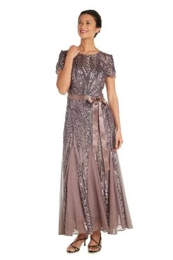 Formal Gowns R&M Richards - 1875W Plus Size Embellished Gown With Satin Waist Tie - 1 Pc Mocha In Size 16W Available