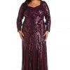 Formal Gowns R&M Richards - Long Sleeve Glitter Evening Gown 5623W - 1 Pc Burgundy In Size 22W Available