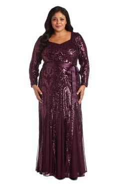Formal Gowns R&M Richards - Long Sleeve Glitter Evening Gown 5623W - 1 Pc Burgundy In Size 22W Available