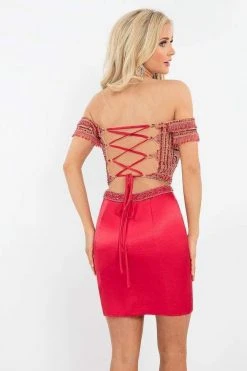Cocktail Dresses Rachel Allan - 4595 Beaded Two Piece Off-Shoulder Fitted Dress