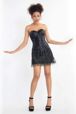 Cocktail Dresses Rachel Allan - 4651 Sequined Sweetheart Fringe Sheath Dress