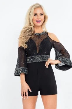 Cocktail Dresses Rachel Allan - 4694 Deep V-neck Romper With Removable Lace Top