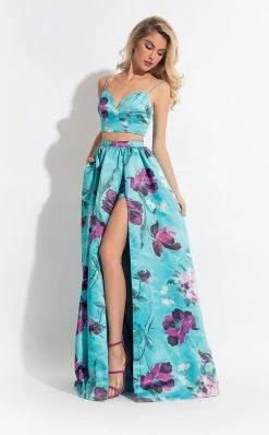 Rachel Allan - 6037 Floral Print Two-Piece A-line Gown
