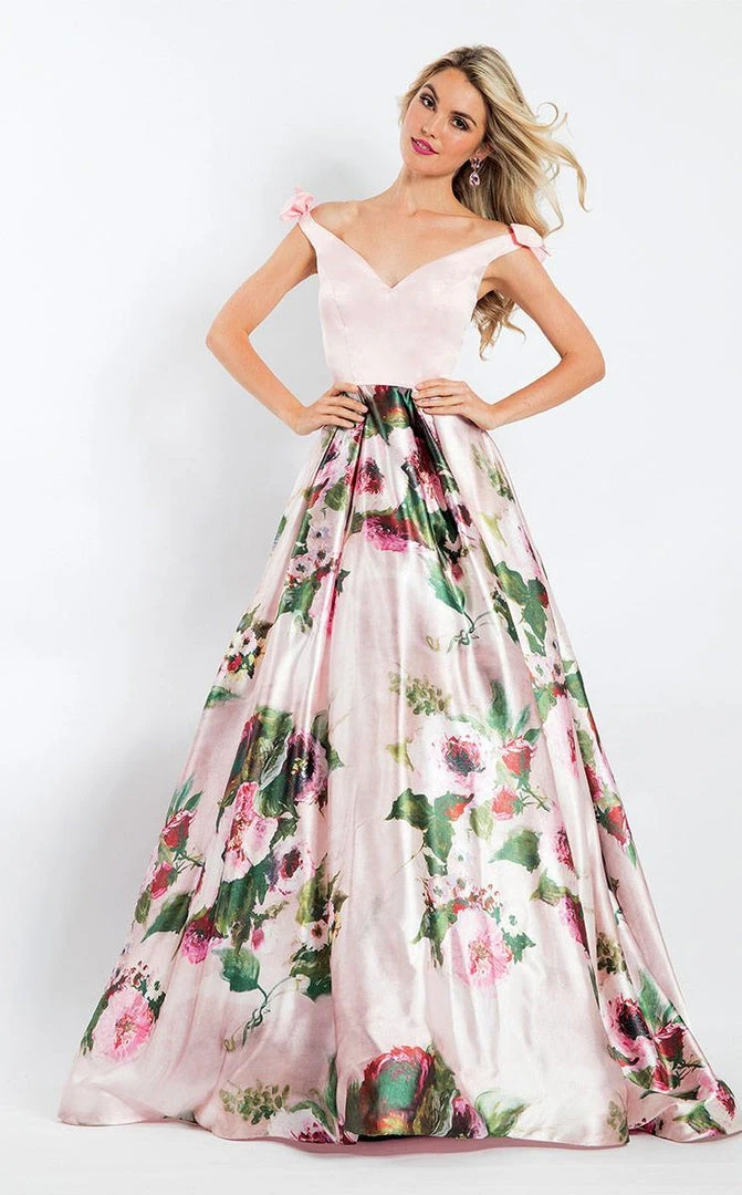 Formal Gowns Rachel Allan - 6061 Off-Shoulder Floral Print Satin Gown 3 Formal Gowns Rachel Allan - 6061 Off-Shoulder Floral Print Satin Gown