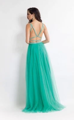 Rachel Allan - 6118 Beaded Deep V-neck A-line Dress Formal Gowns