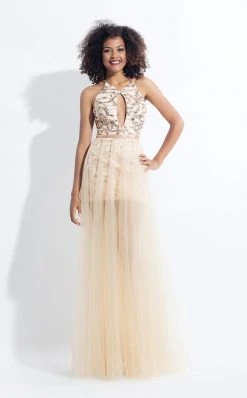 Rachel Allan - 6135 Sequined Halter Gown With Overskirt Formal Gowns