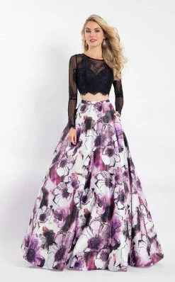 Rachel Allan - 6201 Long Sleeves Two-Piece Floral Print Gown Formal Gowns