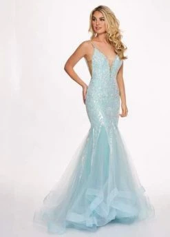 Rachel Allan - 6409 Sequined Deep V-neck Tulle Mermaid Dress Formal Gowns