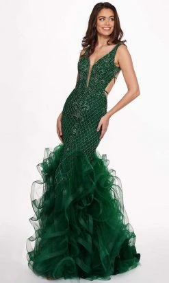 Formal Gowns Rachel Allan - 6420 Beaded Deep V-neck Ruffled Tulle Mermaid Dress