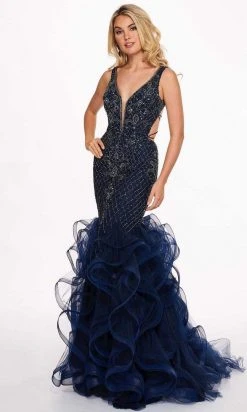 Formal Gowns Rachel Allan - 6420 Beaded Deep V-neck Ruffled Tulle Mermaid Dress 12 Formal Gowns Rachel Allan - 6420 Beaded Deep V-neck Ruffled Tulle Mermaid Dress