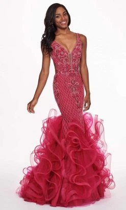 Formal Gowns Rachel Allan - 6420 Beaded Deep V-neck Ruffled Tulle Mermaid Dress 16 Formal Gowns Rachel Allan - 6420 Beaded Deep V-neck Ruffled Tulle Mermaid Dress