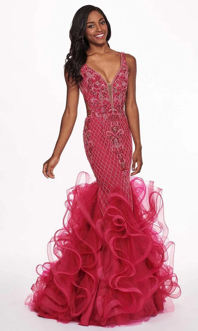 Formal Gowns Rachel Allan - 6420 Beaded Deep V-neck Ruffled Tulle Mermaid Dress 9 Formal Gowns Rachel Allan - 6420 Beaded Deep V-neck Ruffled Tulle Mermaid Dress