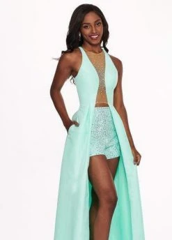 Rachel Allan - 6435 Plunging Illusion Gown With Beaded Shorts Formal Gowns