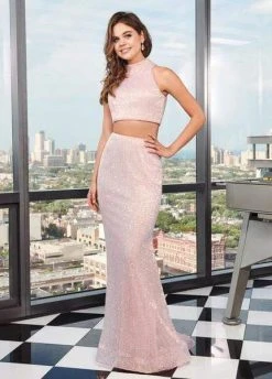 Formal Gowns Rachel Allan - 6450 Two Piece Sequined High Halter Trumpet Dress