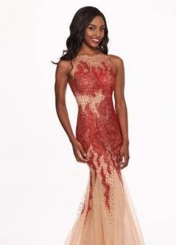 Formal Gowns Rachel Allan - 6452 Embellished Halter Jersey Tulle Trumpet Dress