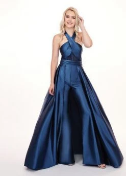 Rachel Allan - 6482 Crisscross Halter Jumpsuit With Overskirt