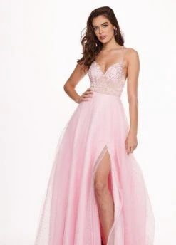 Rachel Allan - 6493 Embroidered V-neck Swiss Dot Crepe A-Line Gown Formal Gowns