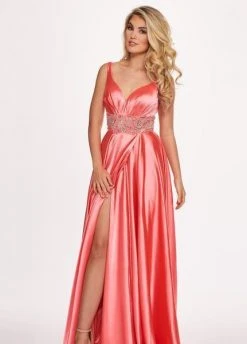 Rachel Allan - 6510 Beaded V-neck Stretch Satin A-line Dress Formal Gowns