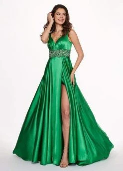 Rachel Allan - 6510 Beaded V-neck Stretch Satin A-line Dress Formal Gowns