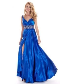 Rachel Allan - 6510 Beaded V-neck Stretch Satin A-line Dress Formal Gowns