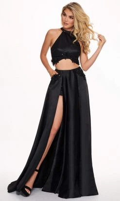 Formal Gowns Rachel Allan - 6533 Floral Appliqued Two-Piece High Slit Gown