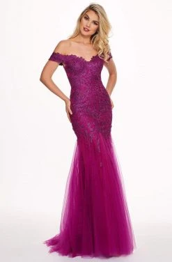 Formal Gowns Rachel Allan - 6545 Lace Appliqued Off Shoulder Tulle Mermaid Gown