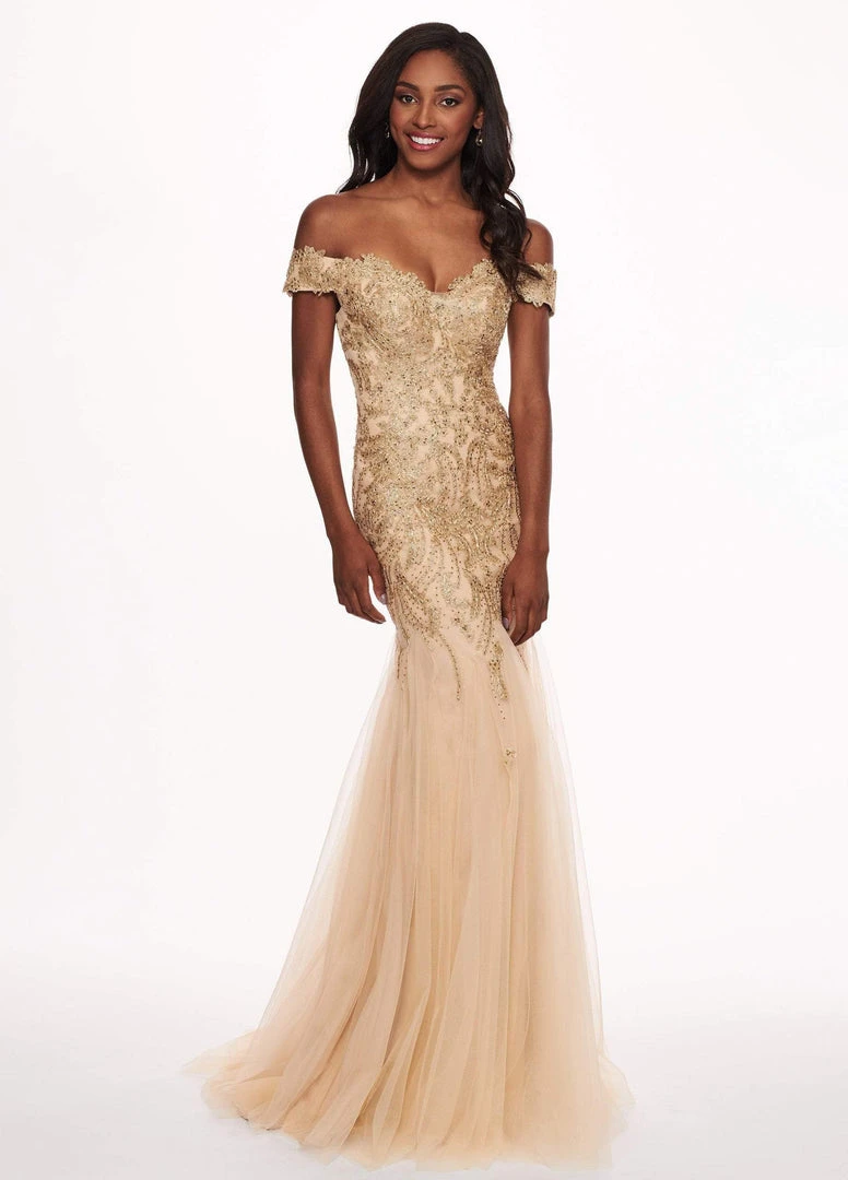 Formal Gowns Rachel Allan - 6545 Lace Appliqued Off Shoulder Tulle Mermaid Gown 6 Formal Gowns Rachel Allan - 6545 Lace Appliqued Off Shoulder Tulle Mermaid Gown