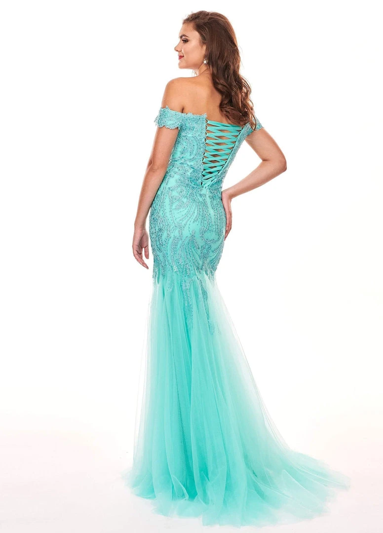 Formal Gowns Rachel Allan - 6545 Lace Appliqued Off Shoulder Tulle Mermaid Gown 9 Formal Gowns Rachel Allan - 6545 Lace Appliqued Off Shoulder Tulle Mermaid Gown