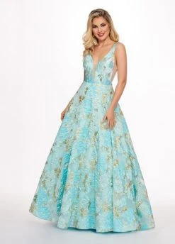 Formal Gowns Rachel Allan - 6564 Plunging V-Neck Printed Brocade Gown