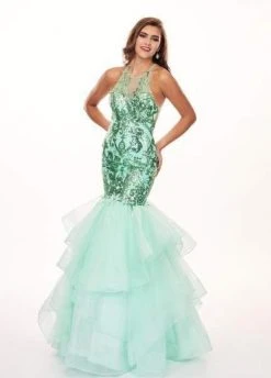 Rachel Allan - 6582 Sequined Halter Ruffled Mermaid Dress