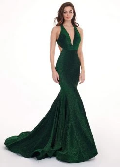 Rachel Allan - 6595 Metallic Jersey Deep V-neck Mermaid Dress Formal Gowns