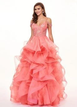 Rachel Allan - 6605 Beaded Cold Shoulders Ruffles Organza Ballgown