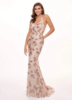 Rachel Allan - 6633 Embroidered Deep V-neck Trumpet Dress