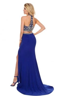 Rachel Allan - 6641 Two-Piece Beaded Halter High Slit Gown