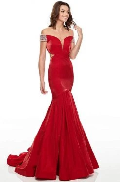 Rachel Allan - 7016 Illusion Deep Off-Shoulder Prom Dress - 1 Pc Deep Red In Size 6 Available