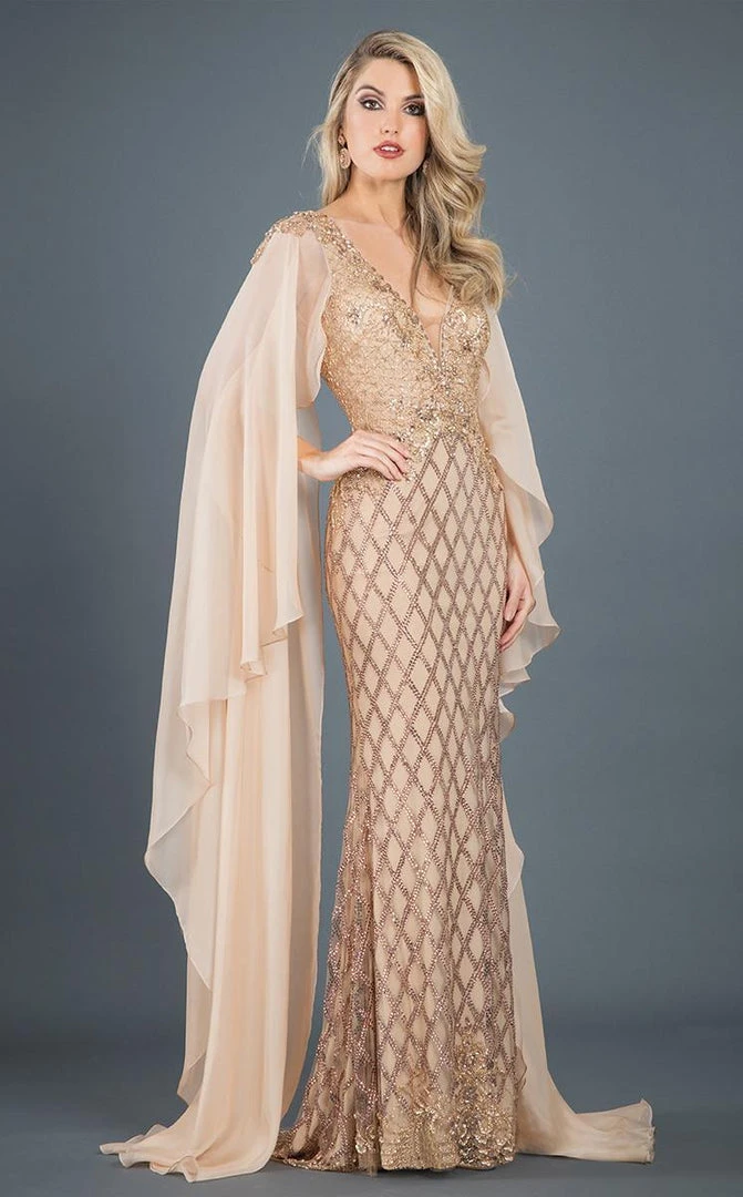 Rachel Allan Couture - 8281 Plunging V Neck Lattice Cape Gown 3 Rachel Allan Couture - 8281 Plunging V Neck Lattice Cape Gown