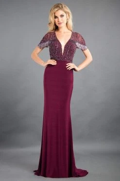 Rachel Allan Couture - 8294 Fringe Short Sleeves Plunging Gown