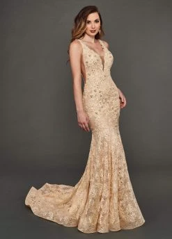 Rachel Allan Couture - 8388 Lace Embroidered Deep V-neck Trumpet Gown Formal Gowns