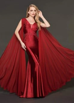 Formal Gowns Rachel Allan Couture - 8420 Lace Embroidered Trumpet Dress With Cape