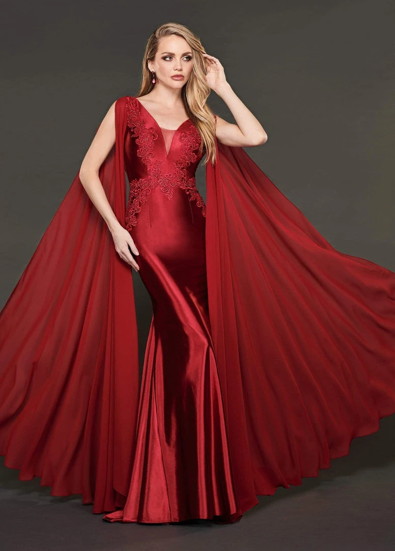 Formal Gowns Rachel Allan Couture - 8420 Lace Embroidered Trumpet Dress With Cape 3 Formal Gowns Rachel Allan Couture - 8420 Lace Embroidered Trumpet Dress With Cape