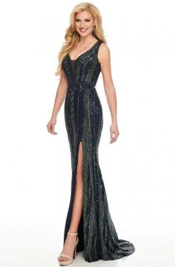Rachel Allan Couture - 8432 V-Neckline Sequin And Bead Sheath Dress Formal Gowns